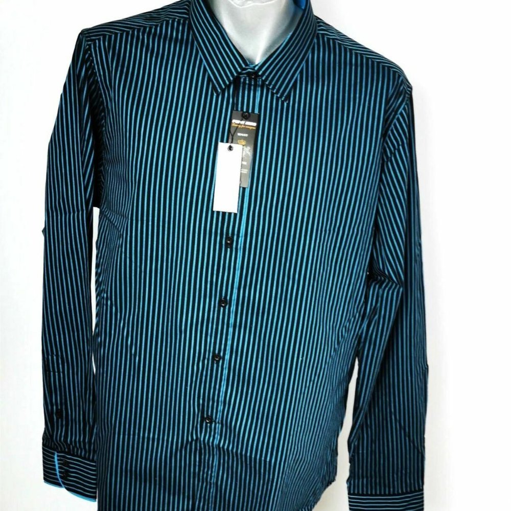 Point Zero Shirt Button Teal Blue Black Stripe New